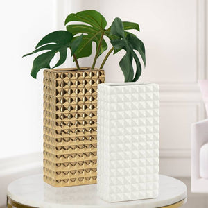 FINA DIAMOND STUDDED GOLD CERAMIC 9.5H” RECTANGLE VASE