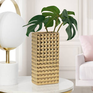 FINA DIAMOND STUDDED GOLD CERAMIC 9.5H” RECTANGLE VASE